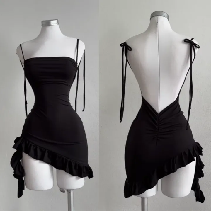 Sleeveless Backless Ruffles Mini Dress Women Summer Y2K Lace Up Black Bodycon Dresses Party Club Streetwear New Sundress